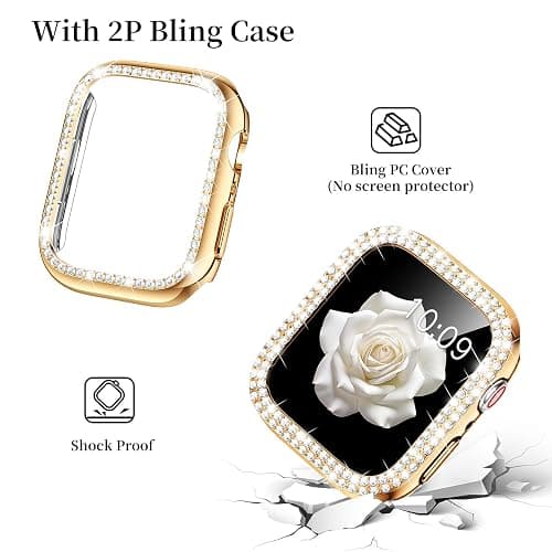 Mosonio Compatible with Apple Watch Band 38mm 40mm 41mm 42mm 44mm 45mm 46mm 49mm with 2 Pack Case Women, Jewelry Replacement Metal Bands Strap with Bling PC Protective Case for iWatch Ultra SE Series 11/10/9/8/7/6/5/4/3/2/1 thumbnail 4
