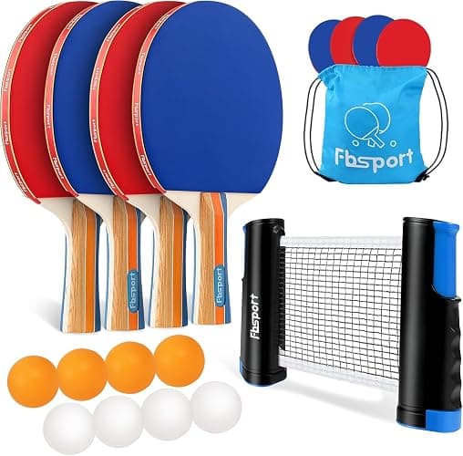 FBSPORT Ping Pong Paddle Set, Portable Table Tennis Set with Retractable Net, 4 Rackets, 8 Balls and Carry Bag for Adult Indoor/Outdoor Games - Image 1