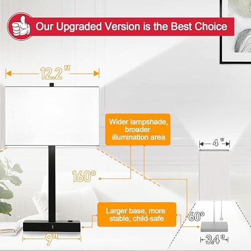 Lynnoland 21" Set of 2 Table lamp with USB A+C & AC Outlets, Touch Control 3-Way Dimmable Nightstand Lamps for Bedroom Living Room Office Reading, White Shade Touch Lamps, 5000K LED Bulbs Included thumbnail 2