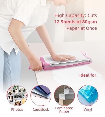 Firbon 12" Guillotine Paper Cutter with Hidden Ruler, Compact Heavy Duty 12-Sheet Capacity Trimmer for Cardstock, Photos, Scrapbooking, Office, Classroom, Studio (Pink) thumbnail 5