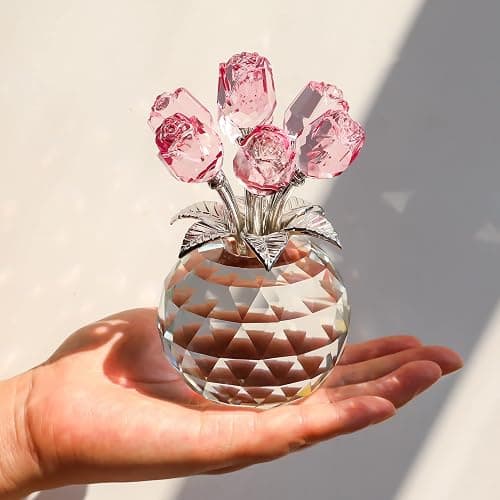 Movdyka Pink Crystal Rose Glass Flowers with Vase Figurine Home Decor | Handmade Crystal Flowers Bouquet Ornament Collectible Figurines ​Valentine Anniversary Christmas Mothers Gifts For Wife Mom thumbnail 6