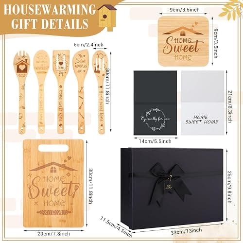 Patelai 17 Pcs House Warming Gifts New Home, Housewarming Gift Basket for New Homeowner Sweet Couples Home Supplies Include Apron Bamboo Spoons Cutting Board Gloves Cards with Black Present Box thumbnail 4