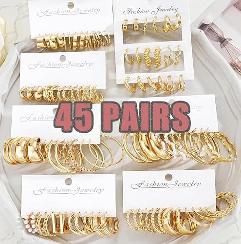 45 Pairs Gold Hoop Earrings Set for Women, Chunky Gold Earrings Multipack, Trendy Hypoallergenic Silver Hoop Earring Pack (Style2-gold) thumbnail 2