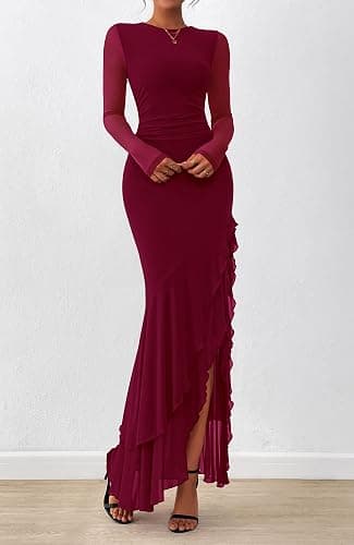 BTFBM Women's Maxi Dresses Spring 2026 Long Sleeve Ruched Bodycon Solid Ruffle Mermaid Cocktail Wedding Guest Dress thumbnail 5