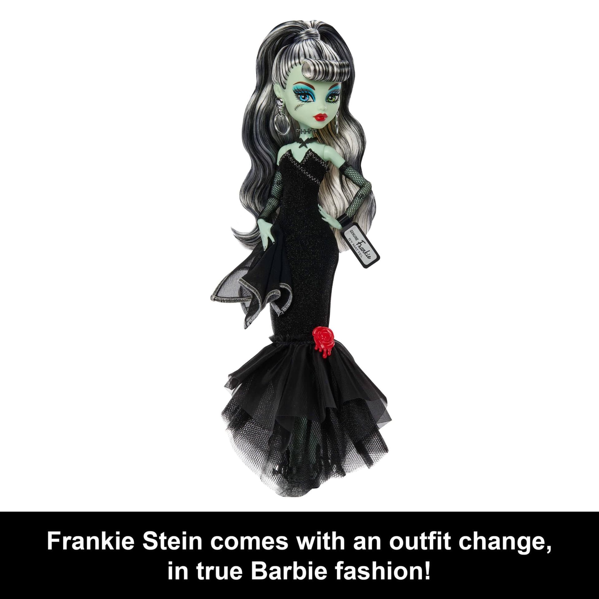 Monster High x Barbie Frankie Stein Doll with Original Barbie-Inspired Swimsuit and Solo in The Spotlight Black Evening Dress, Accessories thumbnail 2