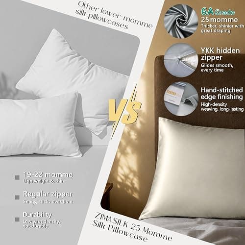ZIMASILK 25 Momme 100% Pure Mulberry Silk Pillow Cases, Ivory, Standard | Natural Silk, Highest Grade 6A, Hair and Skin Care, Thick & Soft, Gift for Women Men, 1pc (Standard 20"x26") thumbnail 4