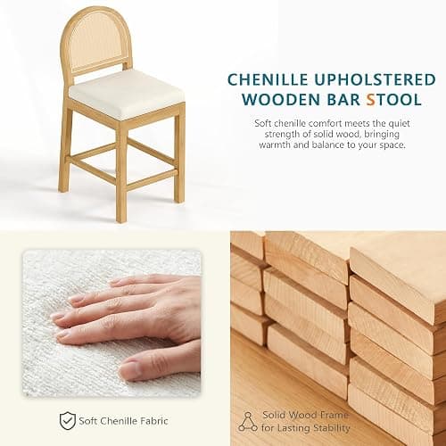 STHOUYN Upholstered Rattan Bar Stools Set of 4, Wooden Counter Height Stools with Natural Rattan Woven Back and Chenille Seat, Mid-Century Modern Island Chairs Barstools for Kitchen (4, Cream White) thumbnail 8