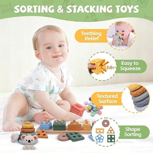 YHHYTOY 6-in-1 Montessori Baby Toys 0-6 6-12 Months, Infant Toys Baby Gifts | 4 5 6 Month Old Baby Toys, Soft Stacking Blocks Rings Shape Sorter Sensory Baby Suction Spinners, Baby Gifts for Girls Boys thumbnail 5