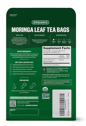 FGO Organic Moringa Tea, 100 Count, Eco-Conscious Tea Bags, Resealable Bag, Caffeine Free, Packaging May Vary (Pack of 1) thumbnail 2