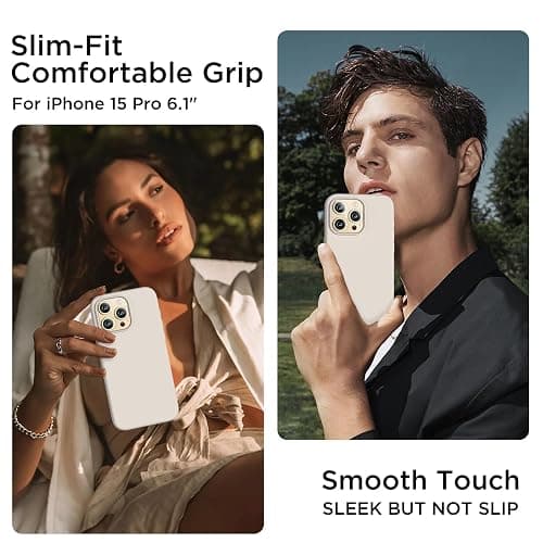 COFFKER Compatible with iPhone 15 Pro Case, Liquid Silicone Case, Full Body Shockproof Protective Cover Slim Thin Phone Case with Soft Anti-Scratch Microfiber Lining, 6.1 inch-Stone thumbnail 2