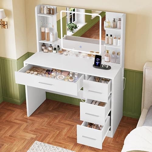 FIONESO Vanity Desk with Mirror and Lights, Makeup Vanity with Power Outlet and 4 Drawers & 6 Shelves & 5 Hooks, 3 Color Modes & Adjustable Brightness, White Vanity for Bedroom thumbnail 3
