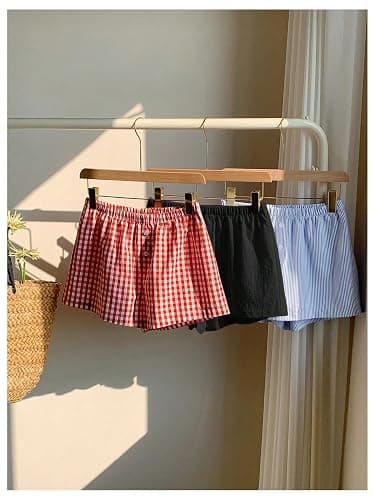 MakeMeChic Women's 3 Pack Linen Shorts Gingham Striped Beach Shorts | Summer, Plaid, Cover Up Shorts thumbnail 7