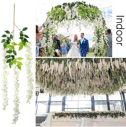 48Pcs Artificial Wisteria Flowers 3.6 Feet/Piece White Dense Artificial Fake Wisteria Vine Ratta Hanging Garland Silk Flowers String Home Party Wedding Decor(White-Dense) thumbnail 5