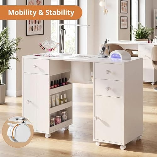 VOWNER Manicure Table Nail Tech Desk with Dust Collector & Storage Drawers | Acetone-Resistant Nail Table, Beauty Salon Station with Dust Bags & Cabinet, Rolling Nail Desk with Lockable Wheels, White thumbnail 6