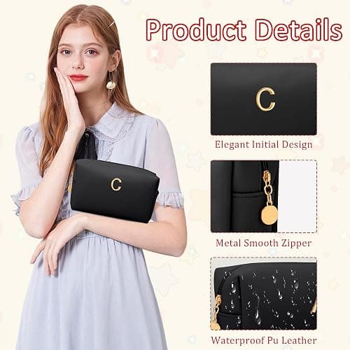 CLOUDWINGS Gifts for Women Bridesmaid Gifts Personalized Initial Makeup Bag PU Leather Cosmetic Waterproof Travel Toiletry Bag (Black C) thumbnail 5