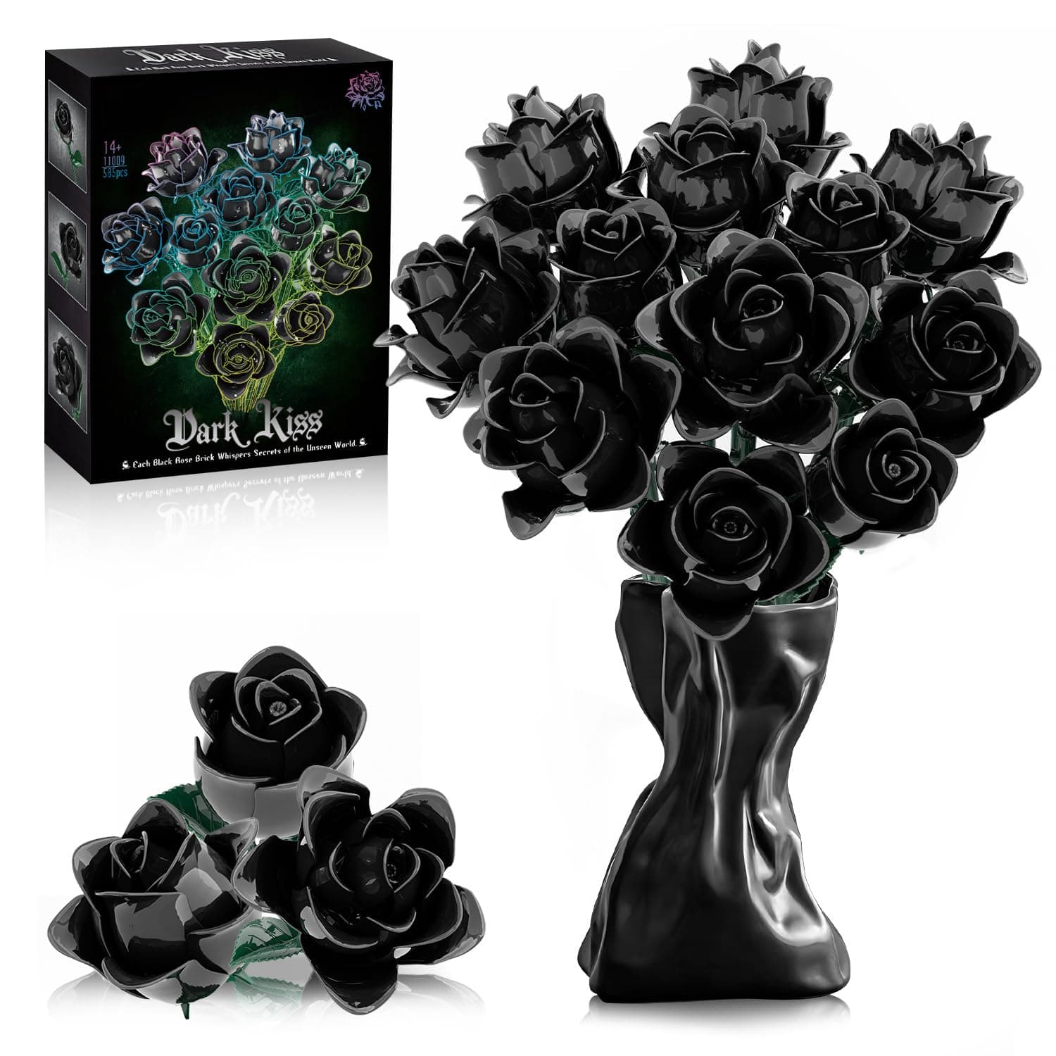 Black Roses Bouquet Building Set, Artificial Flowers Botanical Collection Building Block for Adults, Gothic Home Decor for Women, Girls, Compatible with Lego Flowers, 585 PCS - Image 1