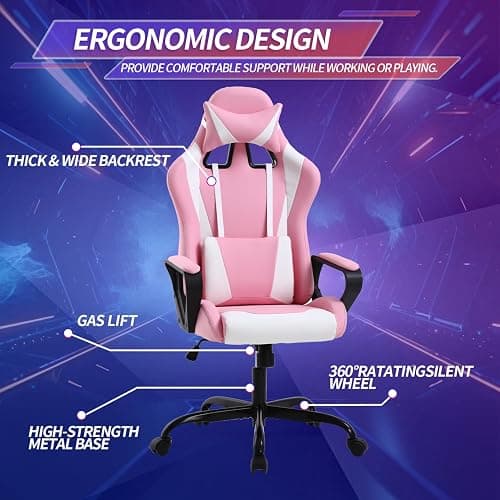 Pink Gaming Chair High-Back Office Chair Ergonomic Video Game Chairs Height Adjustable Reclining Computer Chair with Lumbar Support Armrest Headrest Swivel Chair Game Chair for Adult Teen - Pink thumbnail 5