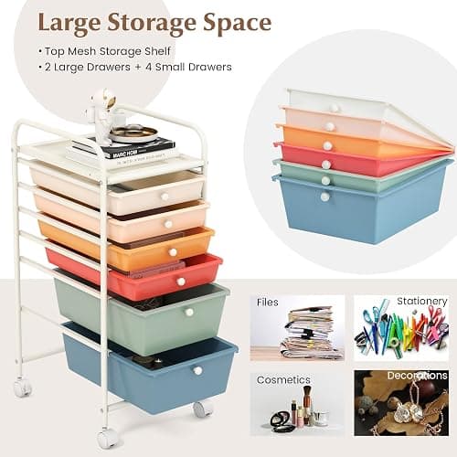 GOFLAME 6-Drawer Rolling Storage Cart, Multifunctional Art Craft Organizer Cart, Mobile Utility Storage Cart with Removable Drawers & Lockable Wheels, Craft Cart for Home Office, Macaron Color thumbnail 4