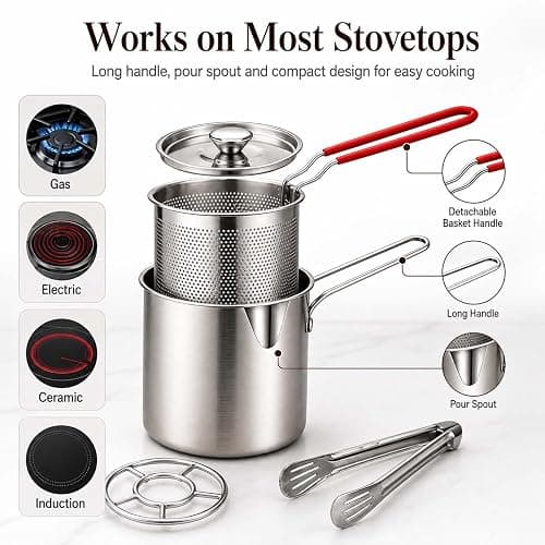 Mini Deep Fryer Pot with Basket, 1.2L Stainless Steel Fryer Set (5Pcs) | Lift-Out Strainer, Pour Spout, Lid, Tongs & Stove Rack for Fries, Chicken, Shrimp & More thumbnail 9