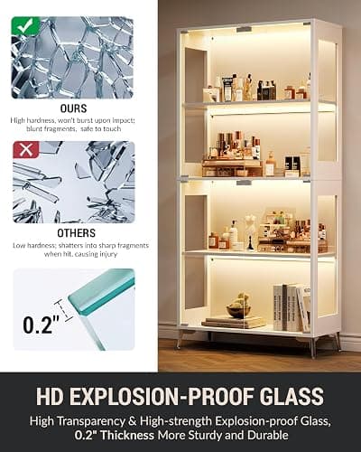 Display Cabinet with Glass Doors, 4-Tier, RGB Lights, Adjustable Shelves | Tempered glass doors; 2 adjustable shelves; app/remote RGB lighting; for collectibles, figures, trophies & books; white. thumbnail 5