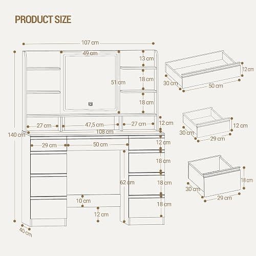 Hzuaneri Large Dressing Table with LED Lighting, 3 Colours, Brightness Control, Dressing Table with Mirror, 9 Drawers, 9 Open Shelves, Modern Style, White/Silver DT41903W thumbnail 2