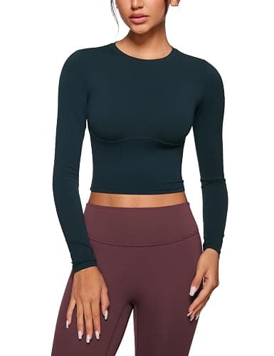 INGIA Womens Long Sleeve High Round Neck Crop Yoga Shirts Workout Slim Fit Casual Yoga Gym Tops - Image 1