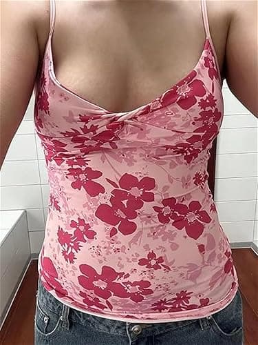 Floral Graphic Crop Tops Women Spaghetti Strap Tank Top Y2k Coquette Bow Tie Camisole Vintage Grunge Streetwear thumbnail 2