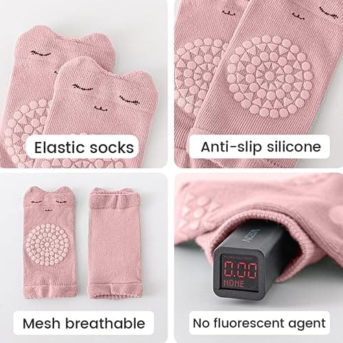 BUOKSLLY 3 Paar Anti Rutsch Socken & 3 Paar Knieschoner Baby, Unisex, Alter 0-24 Monate, Pink, blue, khaki, Cartoon Muster, Baumwolle, Rutschfest, Schtzend, Komfortabel, Ideal als Geschenk thumbnail 3