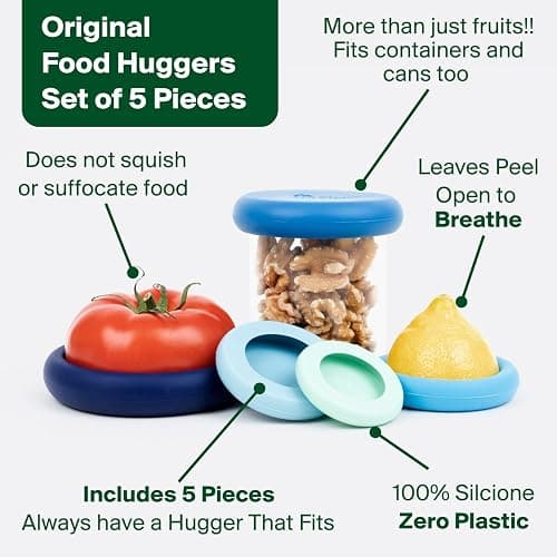 Food Huggers 5pc Reusable Silicone Food Savers | BPA Free & Dishwasher Safe | Fruit & Vegetable Produce Storage for Onion, Tomato, Lemon, Banana, Cans & More | Round, Ice Blue thumbnail 4