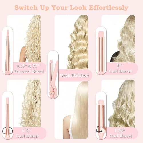 Ufree 5 in 1 Curling Iron with Ceramic Barrels (0.35"-1.25"), Curling Wand Set with Flat Iron Hair Straightener, Instant Heat Up, Dual Voltage Hair Curler, Gifts for Women, Pink thumbnail 2