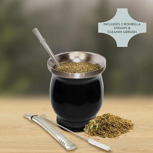 Norte Yerba Mate Cup Kit, 8-Ounces Traditional Mate Tea Cup/Gourd Set | Includes 2 Bombillas (Yerba Mate Straw) & Cleaning Brush, Stainless Steel Cup, Double-Walled, Easy to Clean | Black thumbnail 3