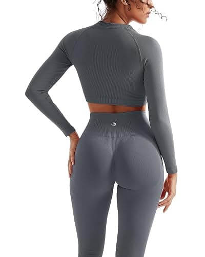 SUUKSESS Women 2 Piece Workout Sets Hidden Scrunch Hip Lifting Seamless Leggings Long Sleeve Yoga Crop Tops - Image 1