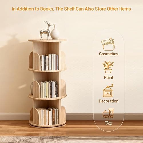 Bibliothèque rotative à 360 ° - En bois massif - Étagère sur pied - Multifonction - Étagère de rangement pour enfants et adultes - 3 étages - Diamètre : 39 cm - Hauteur : 98 cm thumbnail 6