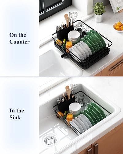 Kitsure Dish Drying Rack for Kitchen Counter, Stainless Steel Sink Organization and Storage Essentials with Cutlery Holder, Home and Appartment Decor, 12''W x 15.5''L, Black thumbnail 9