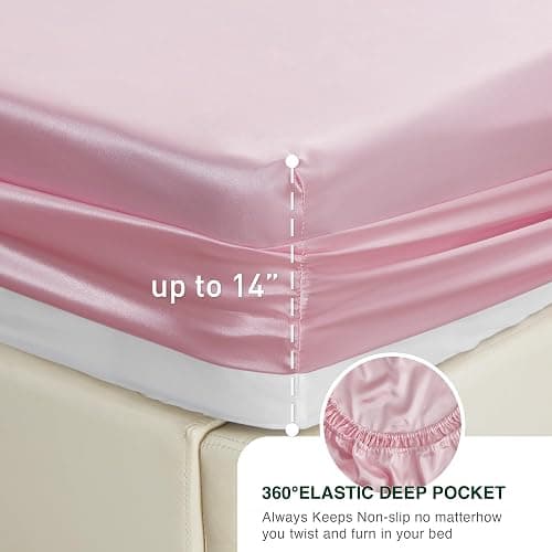 Love's cabin Satin Queen Sheets Set - 4 Piece Pink Silky Satin Bed Sheets Queen Set with Deep Pocket, Luxury Silk Feel Satin Queen Size Sheet Set (1 Flat Sheet,1 Fitted Sheet,2 Pillow Cases) - Queen - Pink. thumbnail 5