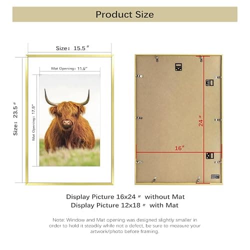 Golden State Art, 16x24 Picture Frame Set of 3, Gold Thin Border, Display Photo 12x18 with Mat or 16x24 Without Mat, Poster Frame for Wall Hanging Horizontal and Vertical thumbnail 3