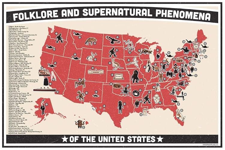 Folklore and Supernatural Phenomena Of The United States Map Chart Bigfoot Spooky Urban Legends Myths Ghosts Monsters Cryptids Cool Wall Art Print Poster 16x24 - Image 1