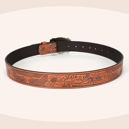WOWOGO Women Men Western Belts Cowboy Cowgirl Country Belt Longhorn Bull Buckle Floral Embossed Belt for Jeans Dresses thumbnail 8