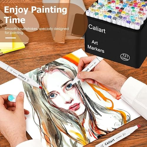 Caliart 121 Colors Alcohol Markers Dual Tip Art Marker Set Chisel & Fine | Permanent Colored Pens with Case for Beginners Artists Adults Coloring Book Sketch Illustration Painting School Supplies Gift thumbnail 7