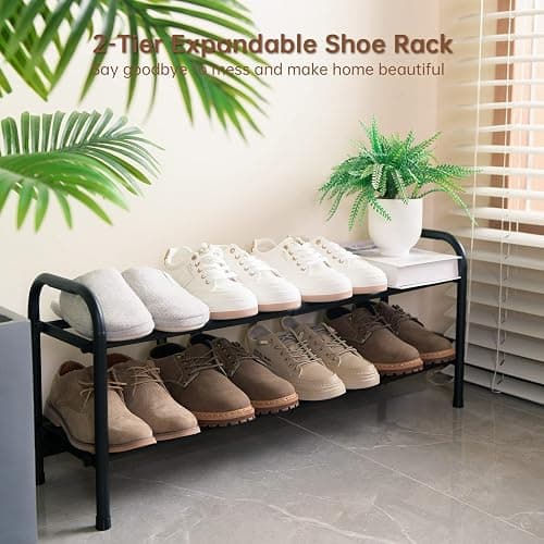 Gonfoam Shoe Rack for Closet, Expandable Shoe Organizer Storage Shelf, Adjustable Metal Free Standing Small Closet Shoe Rack for Entryway, Doorway (2-Tier Black) thumbnail 2