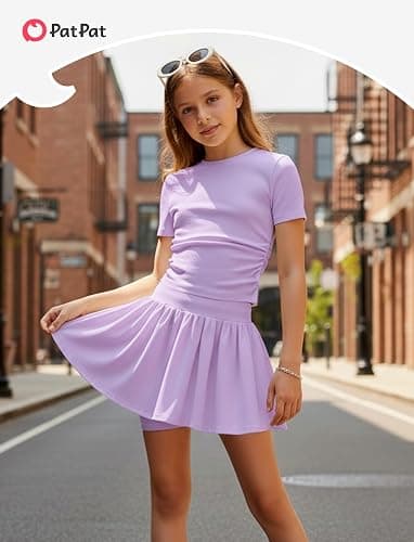 PATPAT Girls 2 Piece Skirt Sets 6-14 Years Short Sleeve Y2K Tops and Skort with Built in Shorts Clothing Sets Summer Outfits thumbnail 5