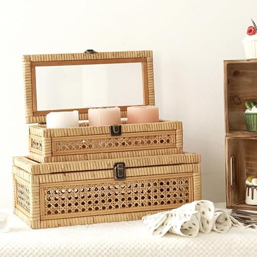 DECOR4SEASON Rattan and Cane Stacking Boxes with Glass Top Lid - Set of 2 for Boho, and Rustic Farmhouse Decor thumbnail 8