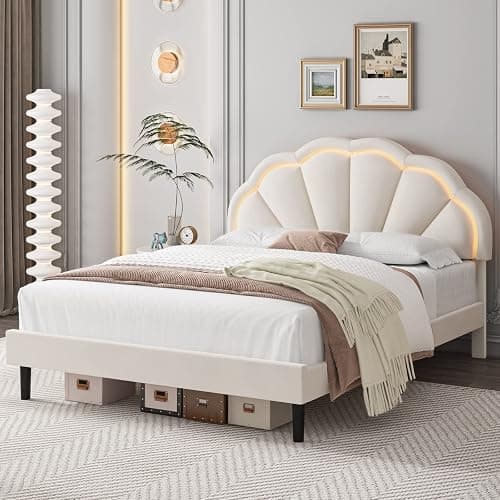 HIFIT Queen Upholstered Smart LED Bed Frame with Adjustable Chic Petal Headboard, Soft Princess Queen Size Platform Bed Frame for Girls, Wooden Slat Support, No Box Spring Needed, Easy Assembly, Beige - Queen - Beige thumbnail 9