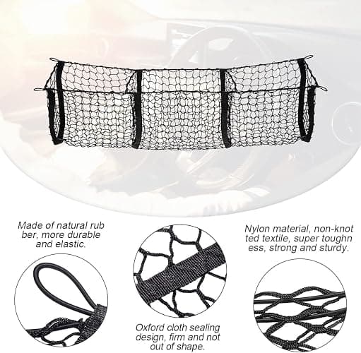 Cargo Net for Car, Expandable 3 Pocket Heavy-Duty Cargo Net Organizer, Black Mesh Storage Pocket with 4 Metal Carabiners Universal for Car, SUV, Pickup Truck, Van Trunk Bed thumbnail 3