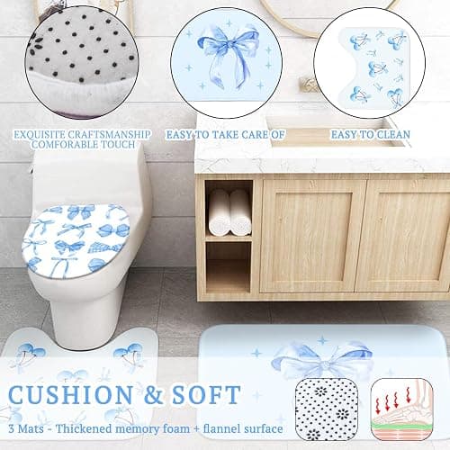 Honeydak 8 Pcs Blue Bow Shower Curtain Set Coquette Blue Bow Bathroom Decor Set Cute Aesthetic Bathroom Curtain with 12 Hooks Anti-Slip Rug Toilet Lid Cover Bath Mat and Towels for Women Home Bath thumbnail 3