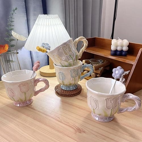 DTIUYIOP Ceramic Coffee MugEspresso Cup 14oz Pink Cute Flower withSpoon | novelty coffee mug，Glazed Ceramic Smooth Glossy Surface Lead ，Comes with Matching Spoon ，cute mugs for women thumbnail 7