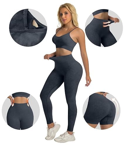 YOAKUKA Women's 4 Piece Workout Sets Seamless Acid Wash Tops Sports Bra High Waist Shorts Leggings Active Set thumbnail 4