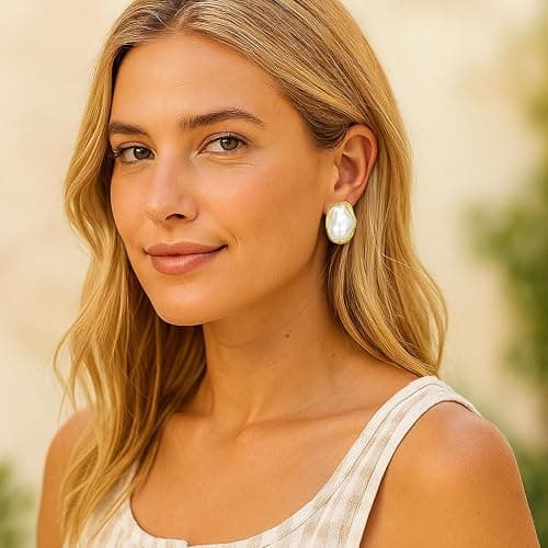 Dckazz Vintage Pearl Earrings Chunky 14K Gold Plated Pearl Earrings for Women Oval Stud Non Tarnish thumbnail 4
