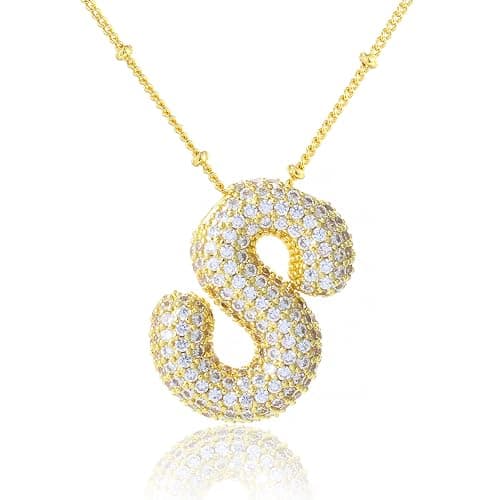 KELMALL Cubic Zirconia Bubble Initial Letter Necklace for Women - Elegant Gold Plated A-Z Alphabet Name Pendant Necklace with Rhinestone - Personalized Gift - Image 1