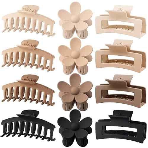 Large Hair Claw Clips 12 Pack, Flower Hair Clips for Thin Hair, Big Square Matte Strong hold for Thick Hair, 3 Styles Hair Clips for Women Thick Hair Neutral Colors - Image 1